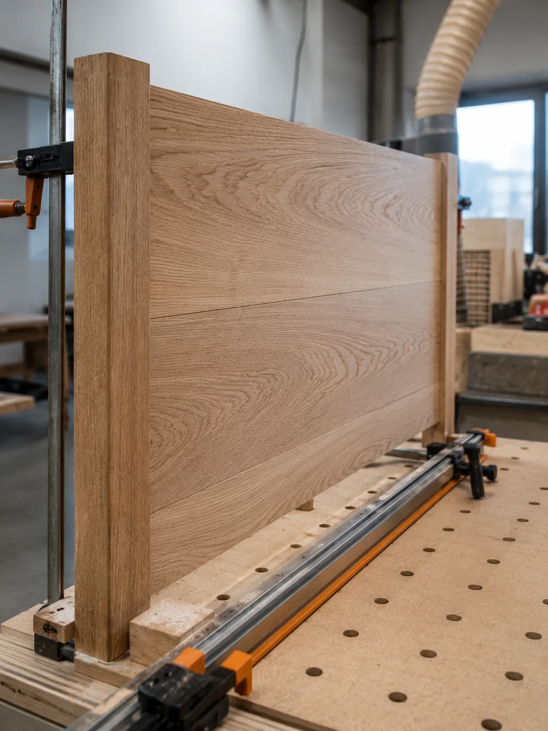 Tête de lit en chêne serrée entre serre-joints à l'atelier